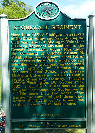 Front of the Michigan historical marker remembering the 17th Michigan Infantry at Fox's Gap. Image ©2015 Look Around You Ventures, LLC. 
